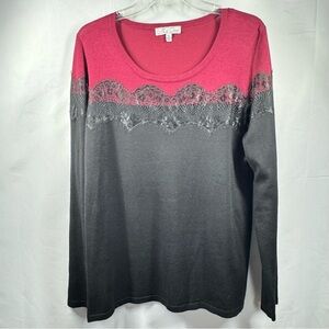 Women XL Lace Top Long Sleeve Elegant Casual Sweater Blouse Black‎ Red Fashion
